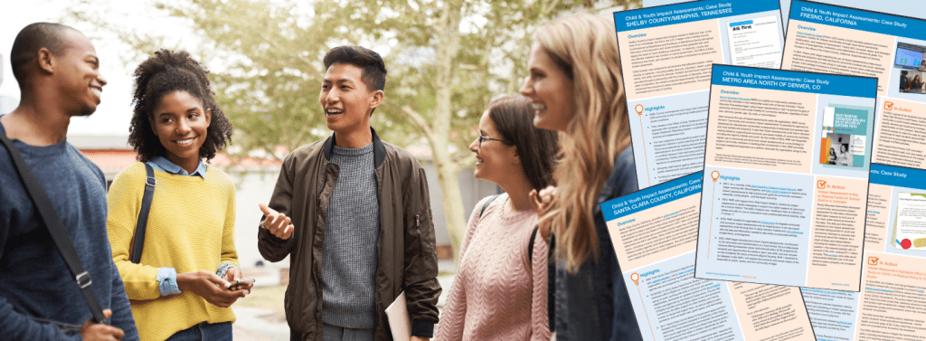 Diverse group of smiling youth with images of case stories about impact assessments